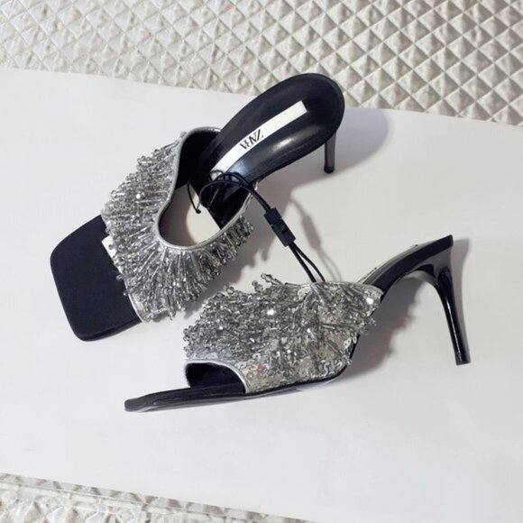 NWT Zara black, grey & silver beaded strap heeled sandals - Picture 13 of 16